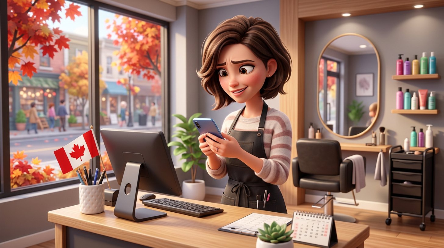A Canadian hair stylist at her reception desk looks at a phone showing a booking app blocked at sign-up, a small Canadian flag by the till and autumn maples outside the window