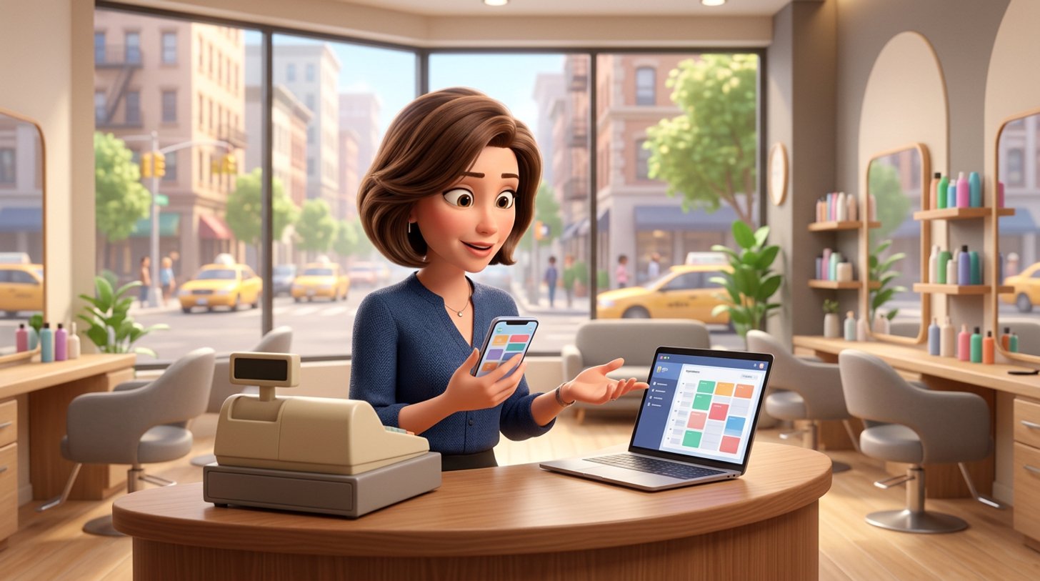 A hair salon owner compares booking apps on a phone and a laptop at her front desk, styling chairs and a city street visible behind her
