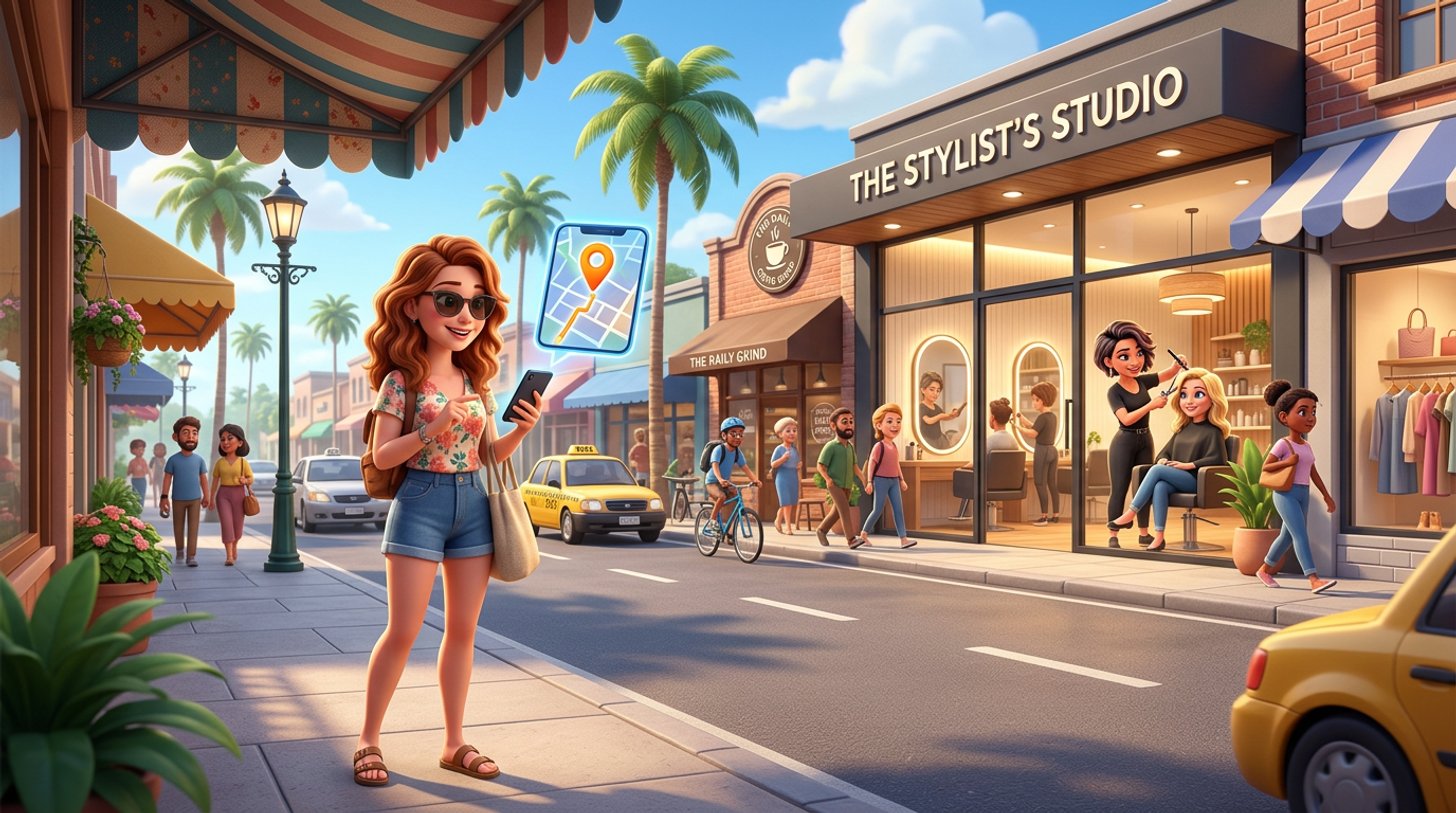 A woman on a sunny Australian shopping strip checks a map with a glowing location pin on her phone, a bright hair salon storefront across the street