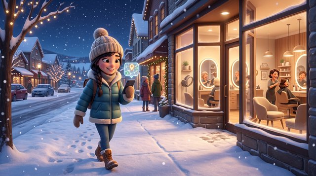 A woman on a snowy Canadian main street checks a map with a glowing location pin on her phone, a warmly lit hair salon storefront shining across the street