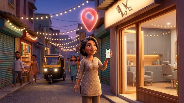 An Indian hair salon owner smiles at a glowing map pin floating above her small street-front salon on a busy market lane, phone in hand, evening lights behind her