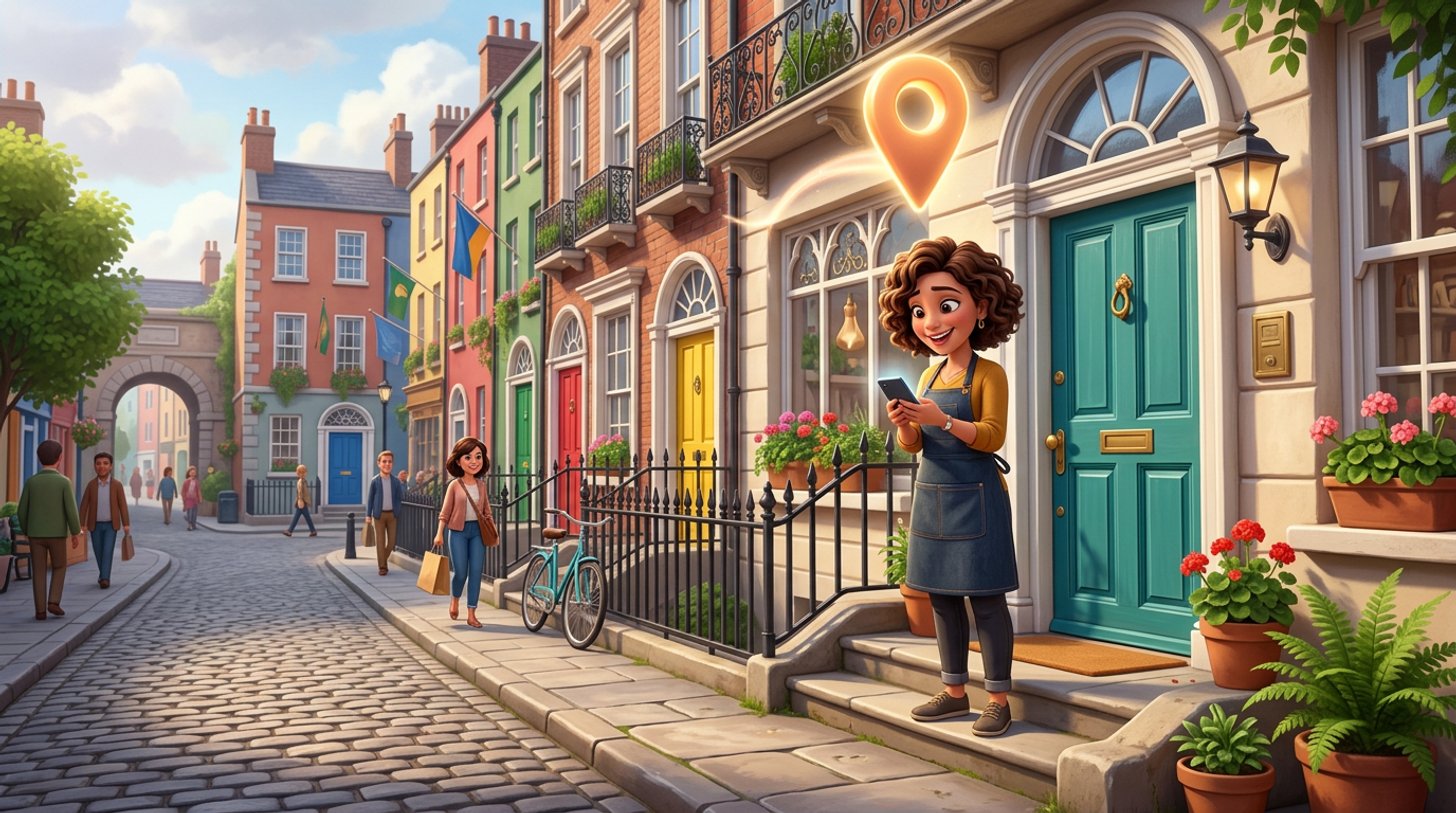 A hair salon owner on the doorstep of her salon on a Georgian Dublin street checks her phone while a glowing map pin floats above the shopfront