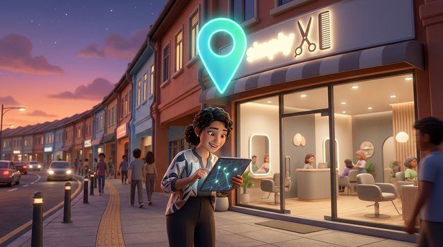 A Malaysian hair salon owner checks a glowing map pin hovering over her shoplot salon on a tablet at dusk, with a city skyline twinkling behind the row of shops