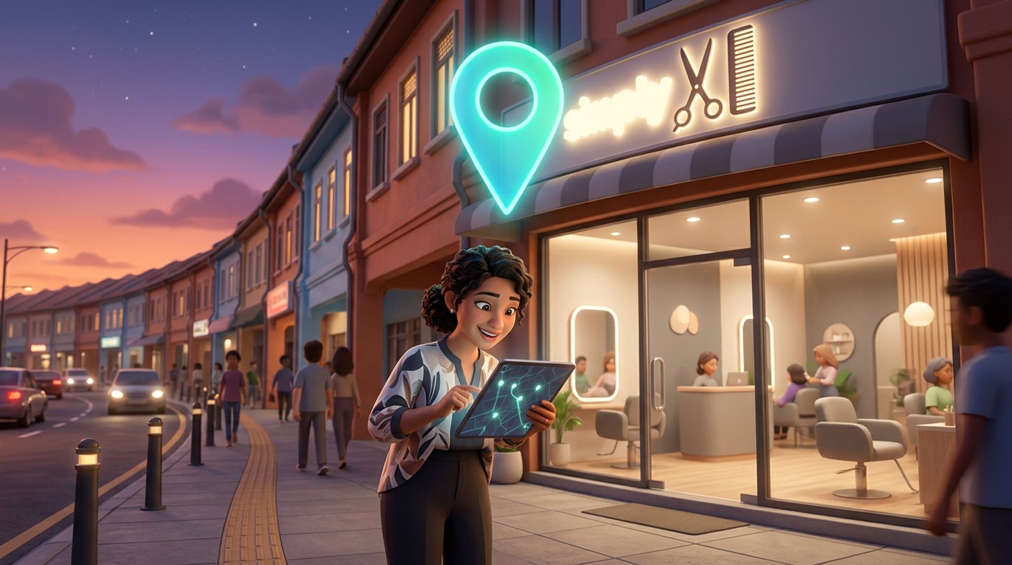 A Malaysian hair salon owner checks a glowing map pin hovering over her shoplot salon on a tablet at dusk, with a city skyline twinkling behind the row of shops