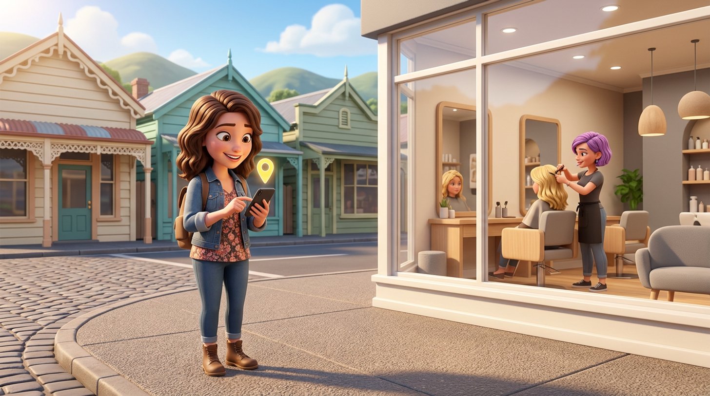 A young woman checks a glowing map pin on her phone outside a bright New Zealand hair salon, hills and villas in the background
