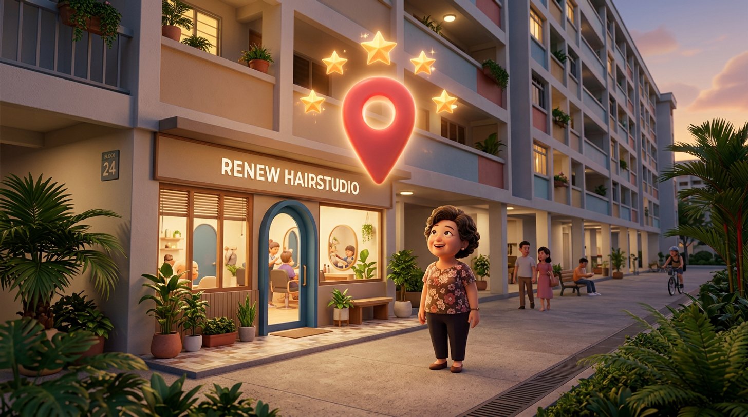 A hair salon owner looks up proudly at a glowing map pin floating above her HDB shopfront salon while golden stars twinkle around it
