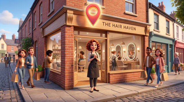 Illustration of a smiling hair salon owner standing in the doorway of her high-street salon while a large map pin floats above the shopfront
