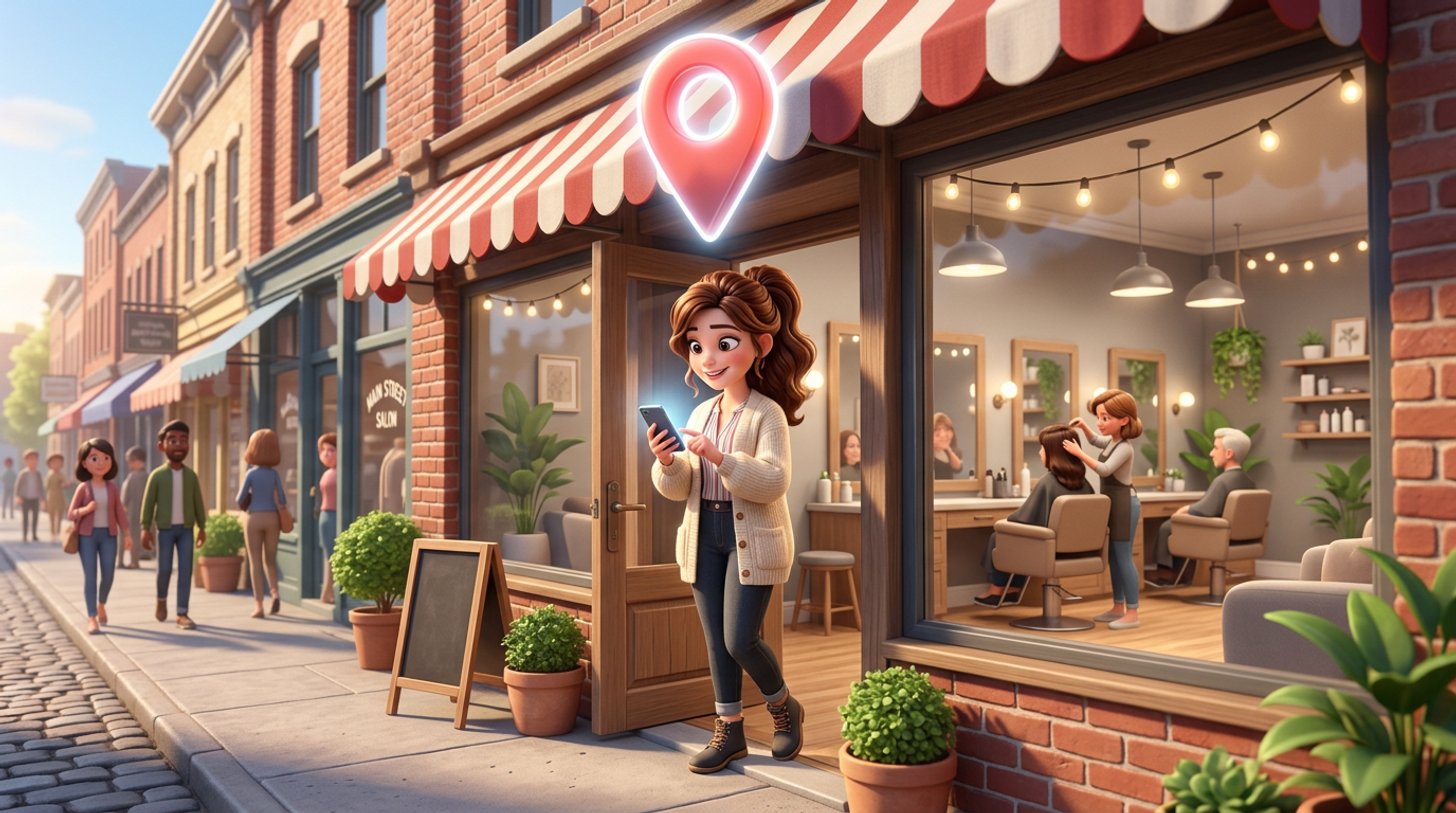 A smiling hair salon owner stands in the doorway of her American main-street salon checking her phone while a large map pin floats above the storefront awning