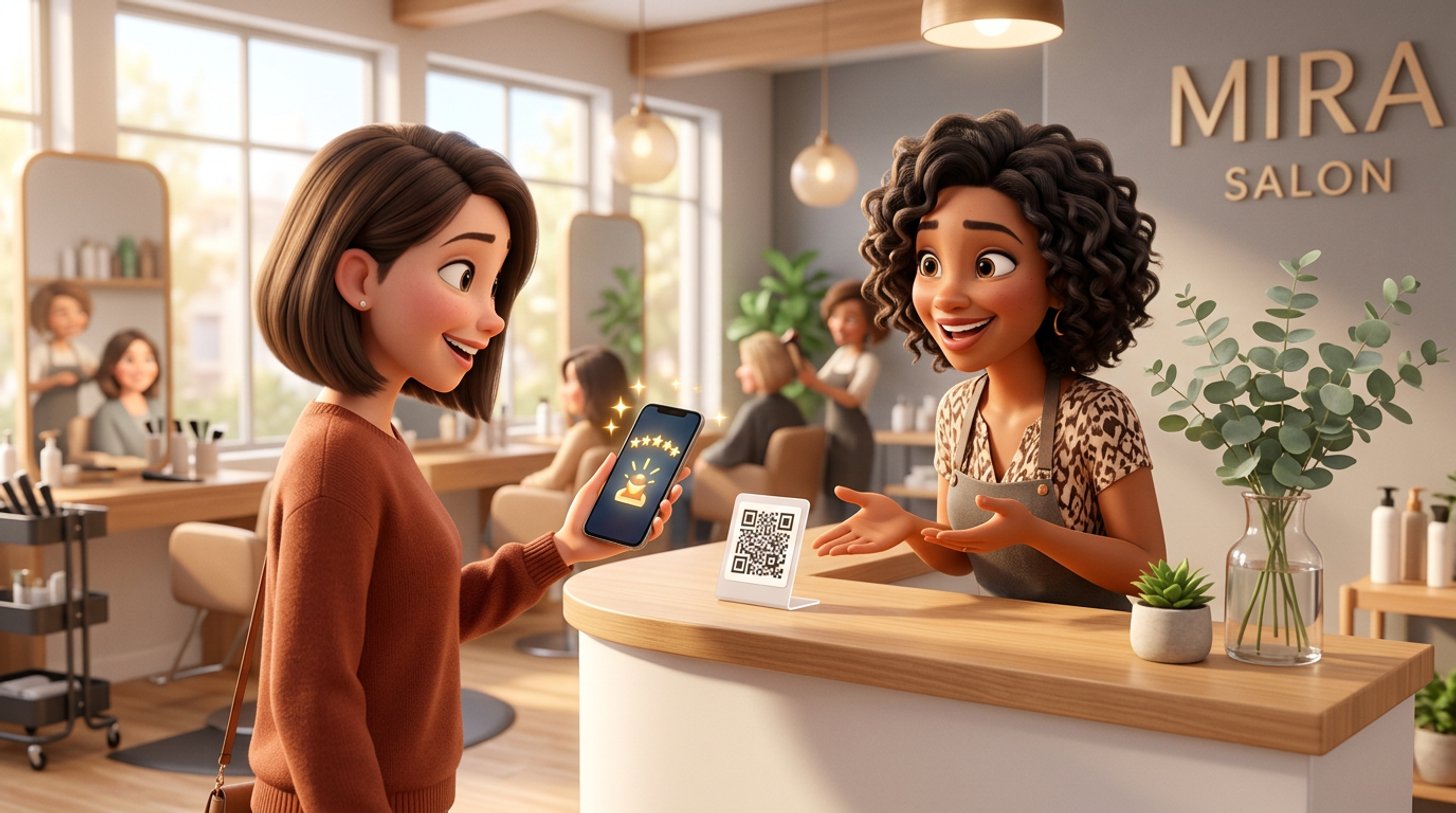 A hair stylist at a sunlit Australian salon reception desk shows a smiling client a phone screen with glowing five-star review icons