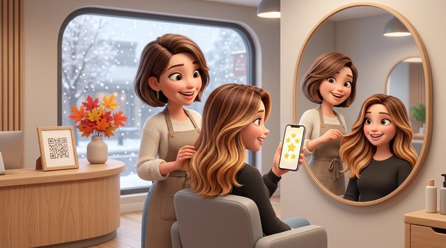 A stylist and a delighted client admire a finished balayage in the salon mirror while a phone at the station shows a five-star review screen, a maple leaf pennant on the wall