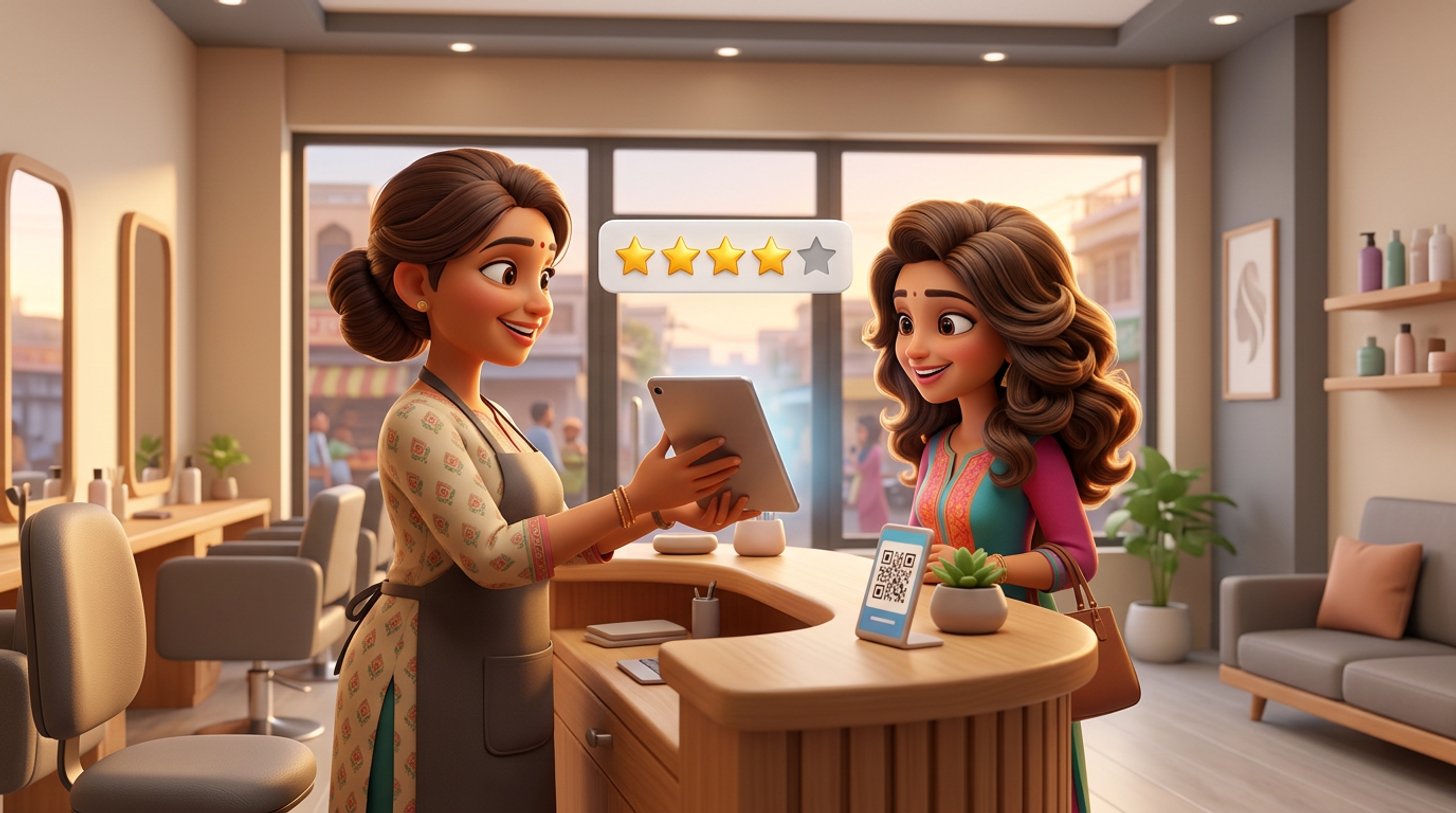 An Indian hair salon owner at her reception counter shows a tablet to a freshly styled client beside a QR code stand, while a floating panel shows four golden review stars and one grey one