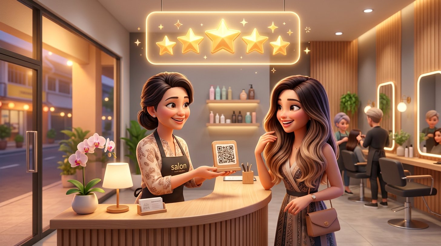 A Malaysian hair salon owner shows the QR code stand on her reception counter to a delighted client with a fresh balayage while a floating panel of golden stars glows above them
