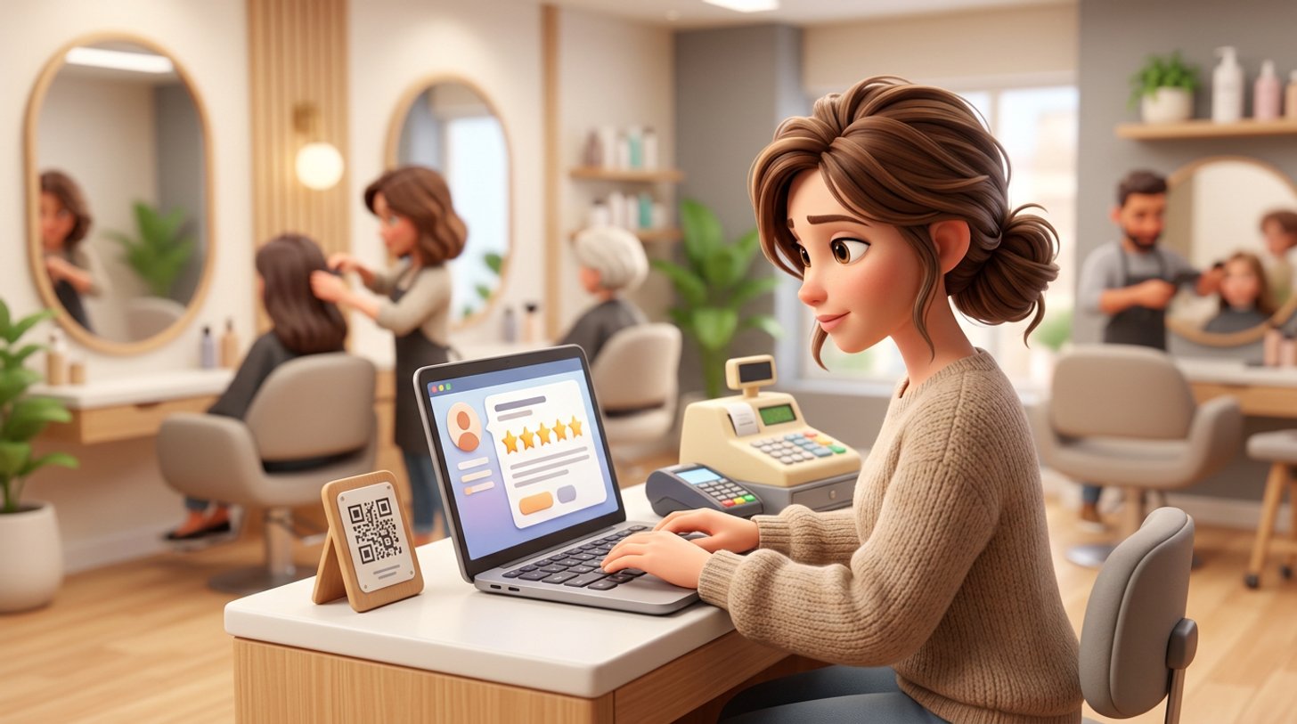Illustration of a hair stylist at a salon reception desk calmly typing a reply on a laptop while a review with one star glows on the screen