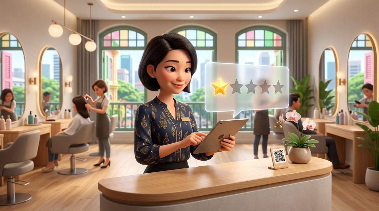 A Singapore hair salon owner at her reception counter composes a calm reply on a tablet while a floating review panel shows one glowing star beside four grey ones