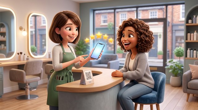 Illustration of a hair stylist showing a smartphone to a delighted client at the salon reception desk, a row of five golden stars floating above the screen