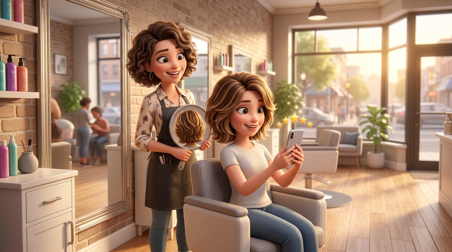 A hair stylist and a happy client look at a freshly finished haircut in the salon mirror while a phone on the station shows a five-star rating screen