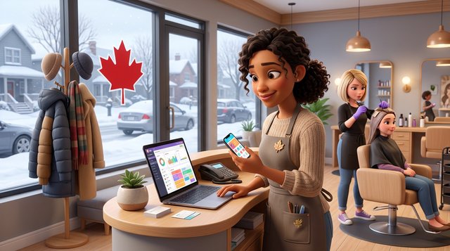 A Canadian hair salon owner at her reception desk compares two booking apps on a laptop and a phone while a stylist applies colour behind her, snow and a maple leaf visible through the window