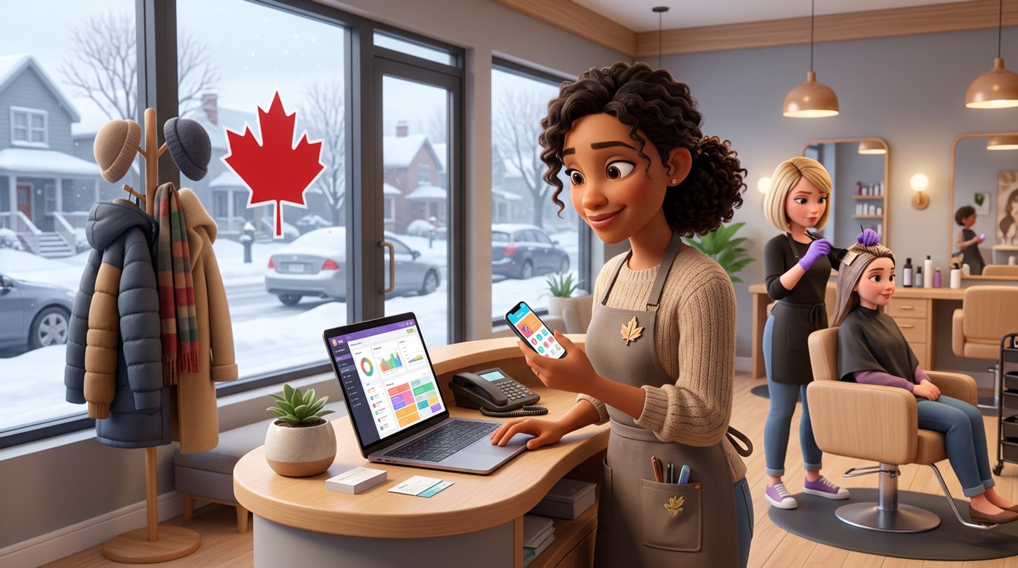 A Canadian hair salon owner at her reception desk compares two booking apps on a laptop and a phone while a stylist applies colour behind her, snow and a maple leaf visible through the window