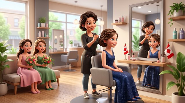 A teenage client with a formal updo smiles at her reflection while a stylist places the final pin, two friends in grad dresses waiting on a bench in a bright Canadian hair salon