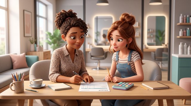 Une gérante de salon de coiffure et une jeune coiffeuse examinent une fiche de paie ensemble à un bureau, calculatrice posée à côté
