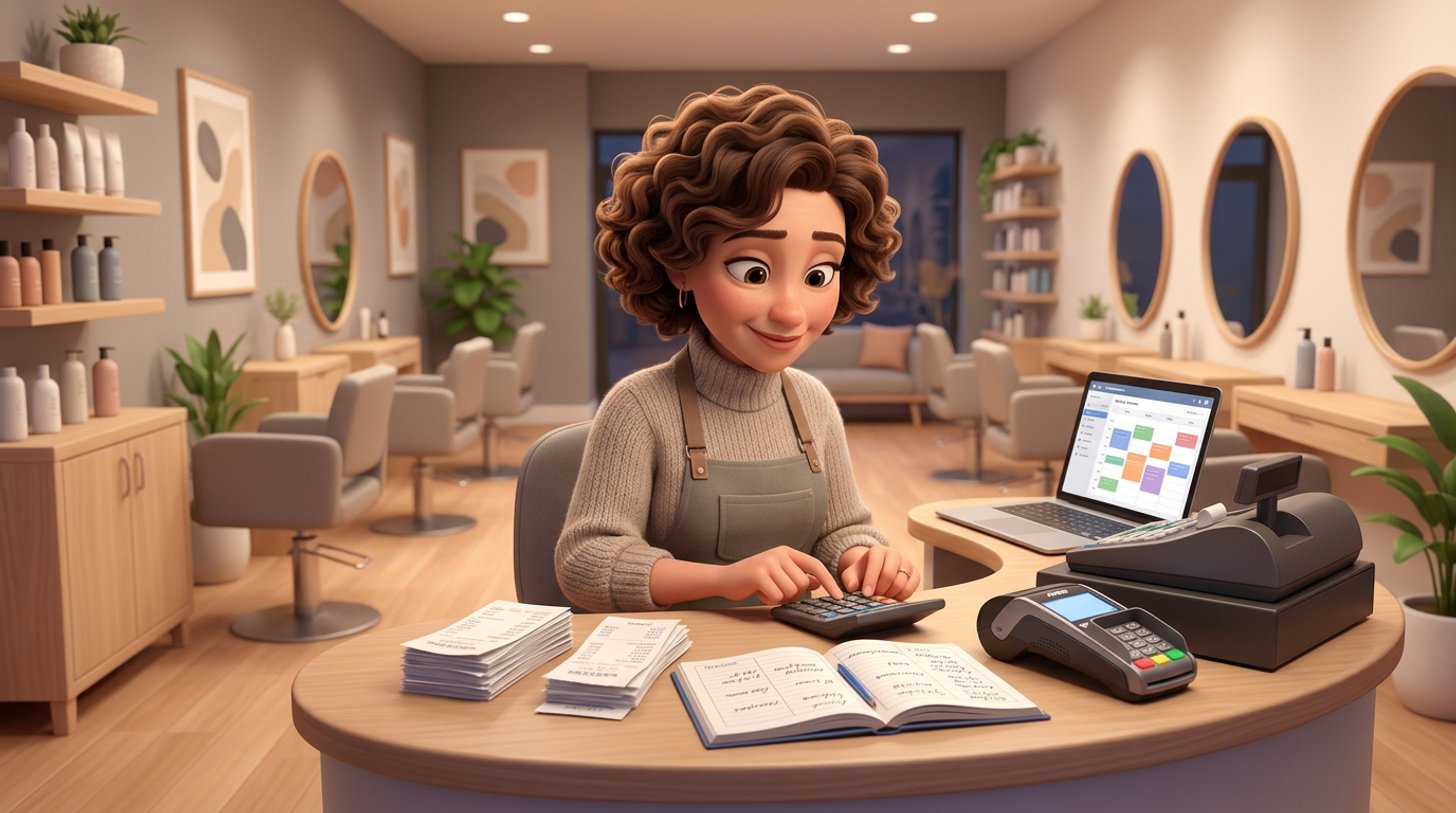 An Australian hair salon owner at her reception desk working through a calculator and a stack of receipts, her appointment book open beside an EFTPOS terminal