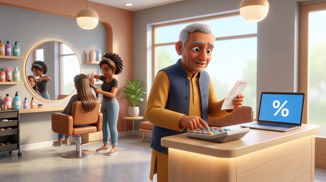 Illustration of an Indian hair salon owner at the reception desk reviewing a bill and a calculator, a percentage symbol on the laptop screen, styling chairs and a stylist working in the background