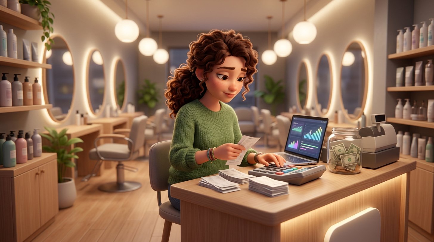 A hair salon owner at the reception desk after closing, sorting receipts beside a calculator and a jar of set-aside cash