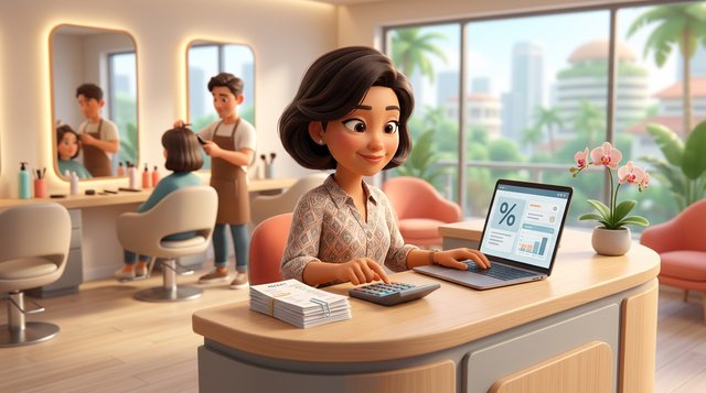 Illustration of a hair salon owner at the reception desk with a calculator and a neat stack of receipts, a percentage symbol on the laptop screen, styling chairs in the background