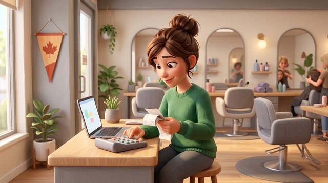 Illustration of a Canadian hair salon owner sorting paper receipts with a calculator at her reception desk, styling chairs and mirrors in the background