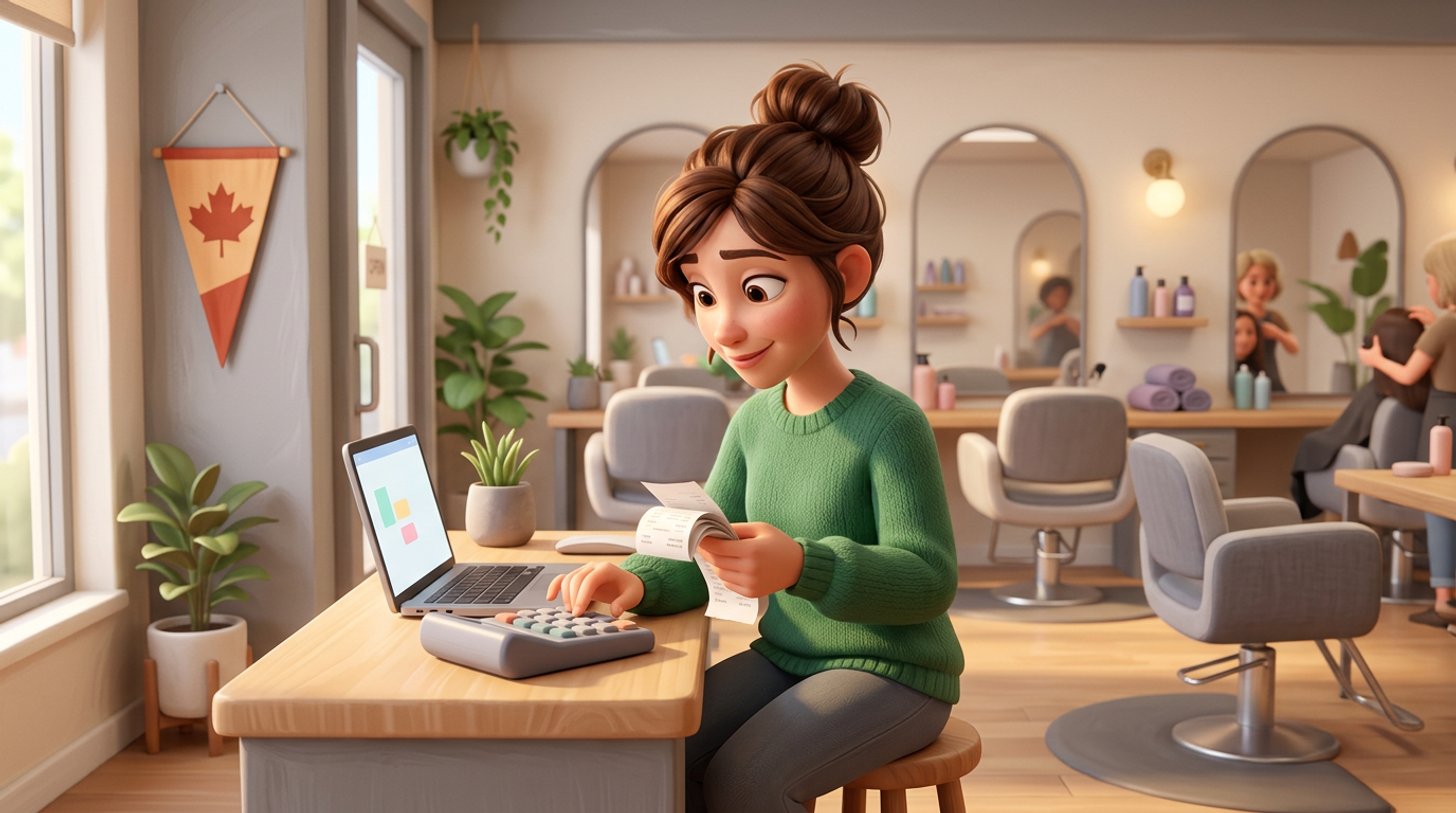 Illustration of a Canadian hair salon owner sorting paper receipts with a calculator at her reception desk, styling chairs and mirrors in the background
