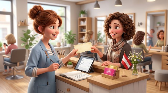 Friseurin an der Rezeption eines hellen Salons in Österreich nimmt einen älteren Geschenkgutschein entgegen und gleicht ihn mit der Gutscheinliste auf dem Tablet ab