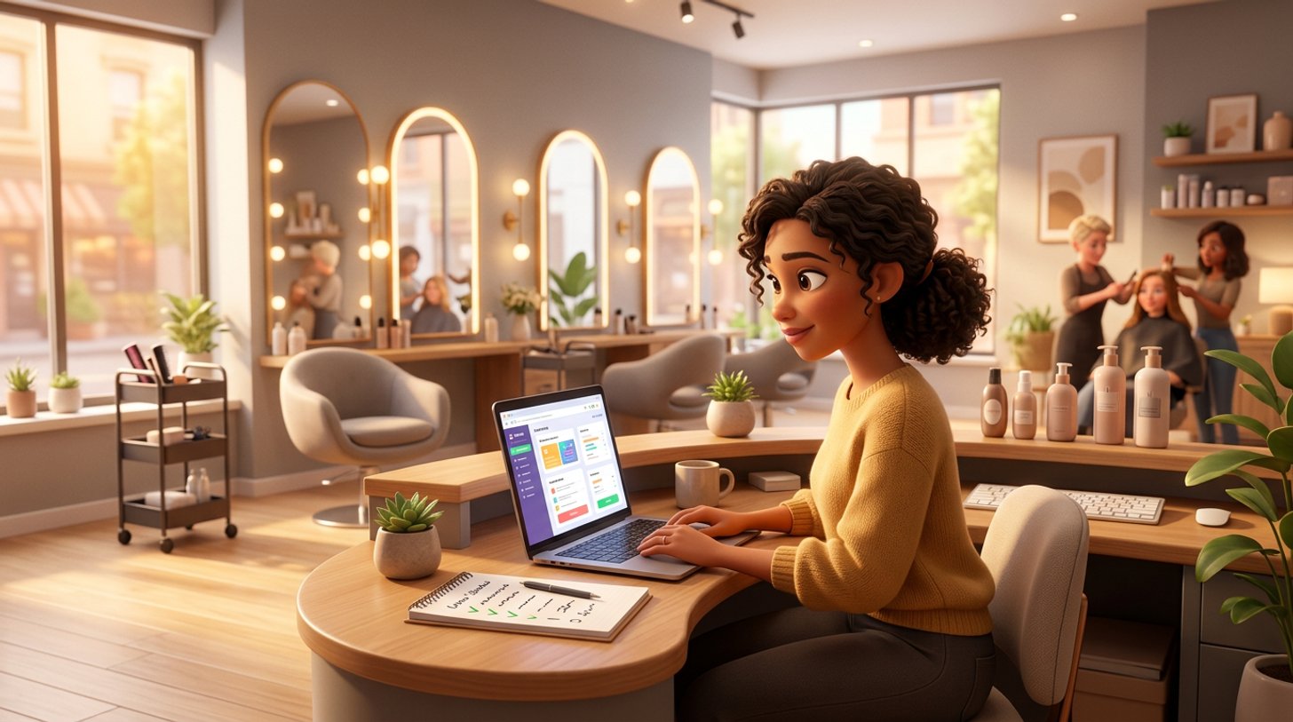 Illustration of a hair salon owner comparing booking software options on a laptop at the reception desk of a bright Australian salon