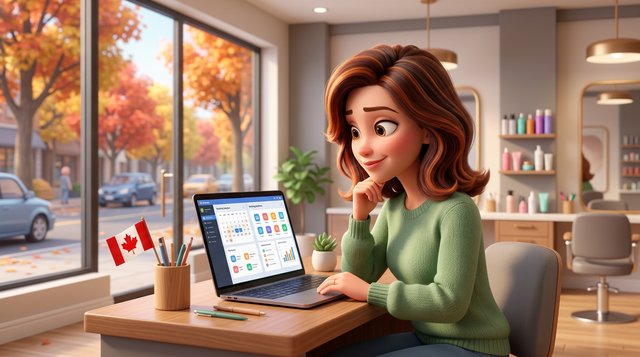 Illustration of a hair salon owner comparing booking software options on a laptop at the reception desk, a small Canadian maple leaf flag in a pencil cup beside the keyboard