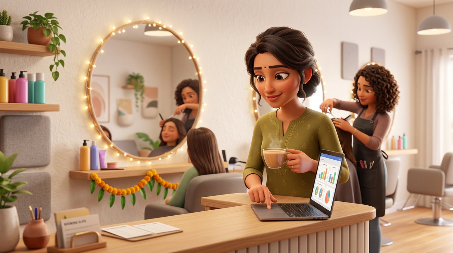 Illustration of an Indian hair salon owner comparing booking software prices on a laptop at her reception desk while a stylist works on a client's haircut nearby