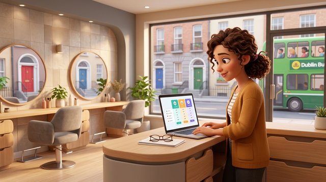 Illustration of a hair salon owner at her reception desk comparing booking software prices on a laptop, the window behind her showing a Dublin street with Georgian doors