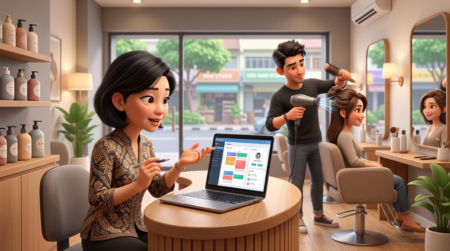 Illustration of a Malaysian hair salon owner comparing booking software prices on a laptop at her front desk while a stylist blow-dries a client near the shoplot window