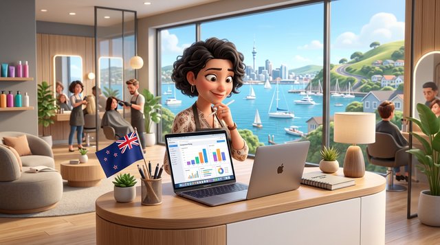 Illustration of a hair salon owner at her reception desk comparing booking software prices on a laptop, a window behind her showing a New Zealand harbour town