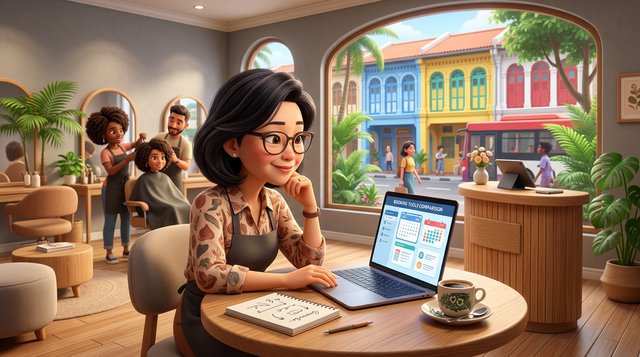 Illustration of a hair salon owner at her reception desk comparing booking software on a laptop, a Singapore shophouse street visible through the window