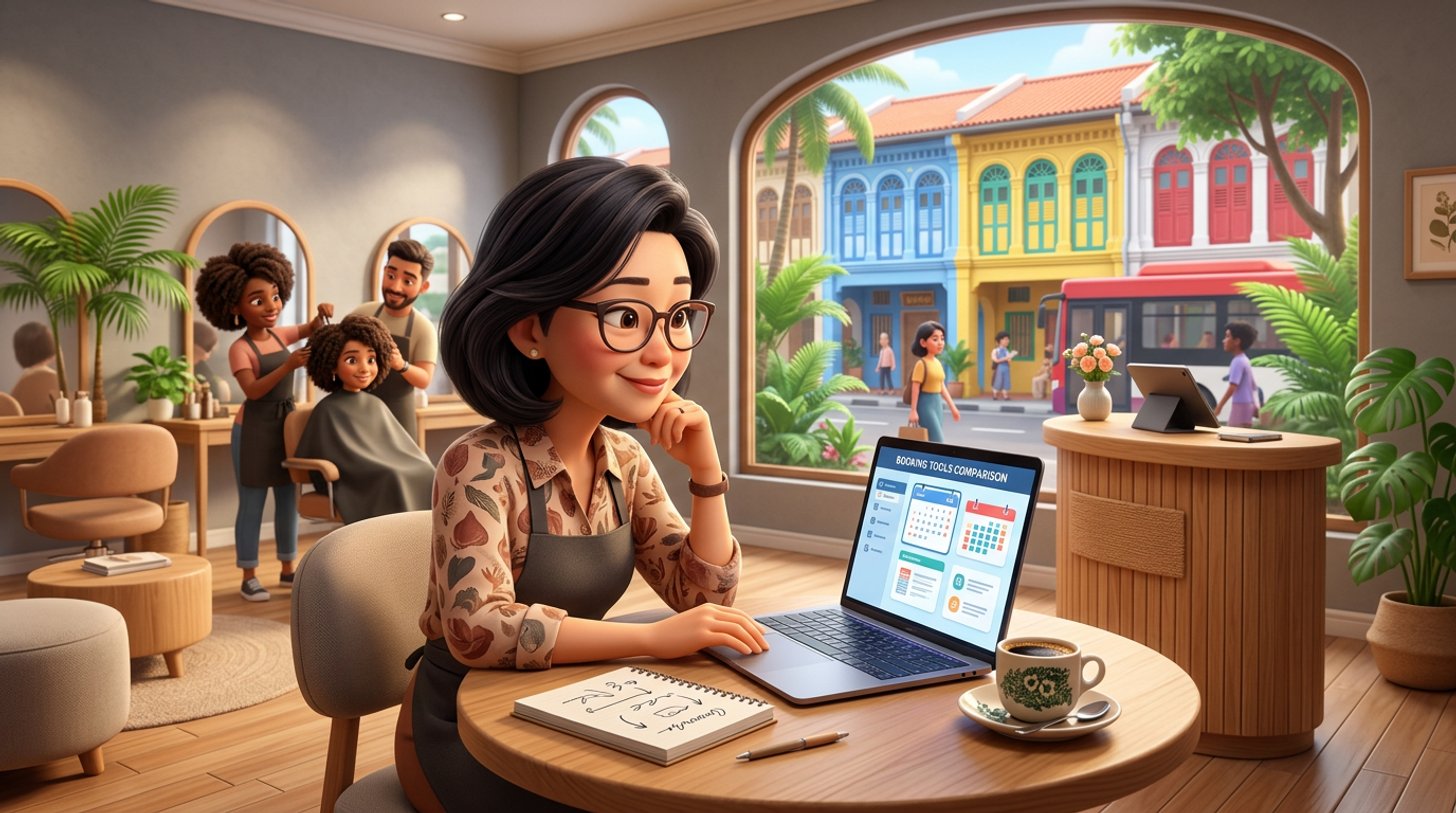 Illustration of a hair salon owner at her reception desk comparing booking software on a laptop, a Singapore shophouse street visible through the window