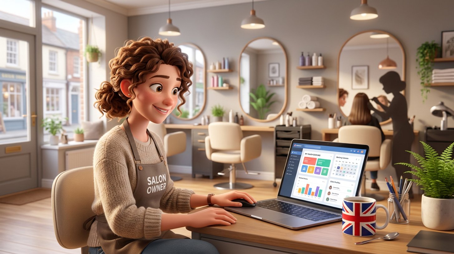 Illustration of a hair salon owner comparing booking software options on a laptop at the reception desk, a Union Jack mug beside the keyboard