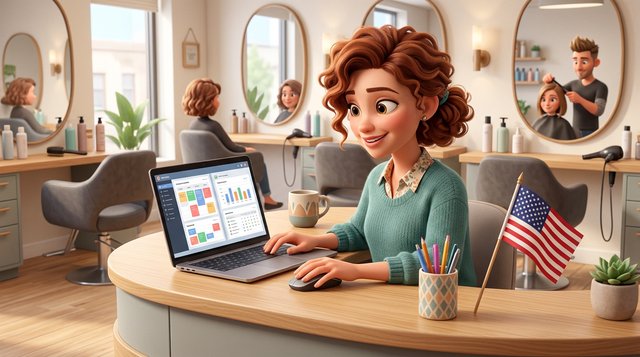 Illustration of a hair salon owner comparing booking software options on a laptop at the reception desk, a small American flag in a pencil cup beside the keyboard