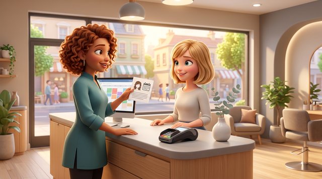 A hair salon owner at a bright reception desk explains a printed booking policy to a smiling client, with a card terminal and a eucalyptus branch in a vase on the counter