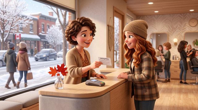 A hair salon owner at a bright reception desk shows a printed booking policy card to a smiling client, with a payment terminal and red maple leaves on the counter and a snowy street outside