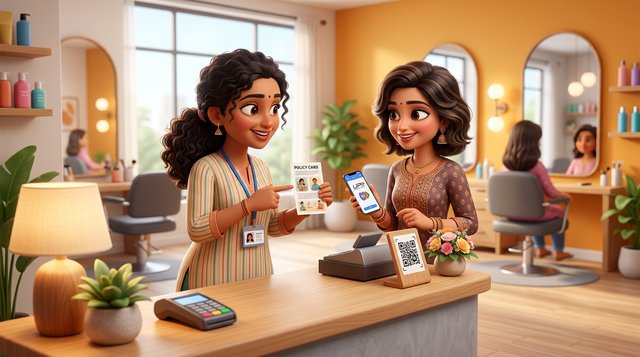A hair salon receptionist in India shows a small printed policy card at the front desk while a client scans a UPI QR code on a stand with her phone, styling chairs glowing in the background