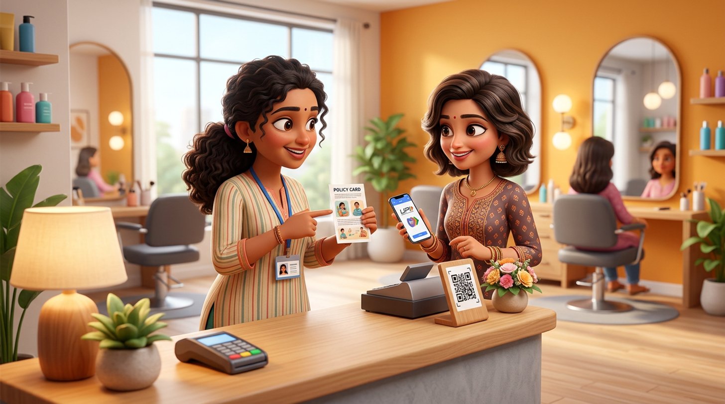 A hair salon receptionist in India shows a small printed policy card at the front desk while a client scans a UPI QR code on a stand with her phone, styling chairs glowing in the background
