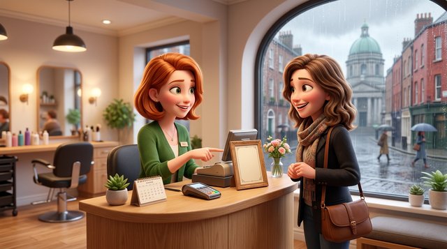An Irish hair salon receptionist points to a framed policy card on the reception desk while a smiling client nods, with a styling chair and a rainy street behind them