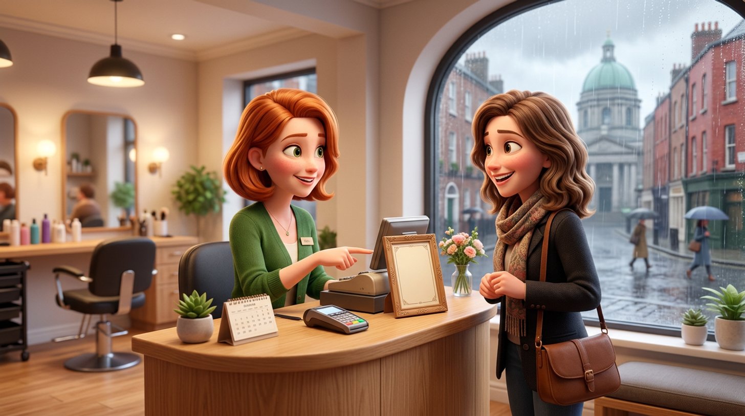 An Irish hair salon receptionist points to a framed policy card on the reception desk while a smiling client nods, with a styling chair and a rainy street behind them