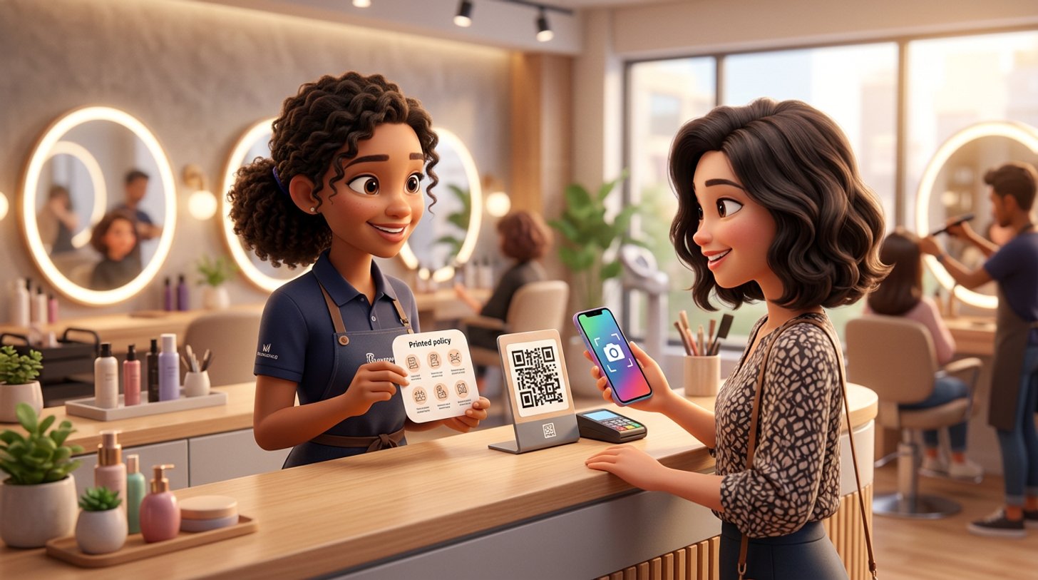 A hair salon receptionist in Kuala Lumpur holds up a small printed policy card beside a QR payment stand at the front desk while a client scans it with her phone, colour stations glowing in the background