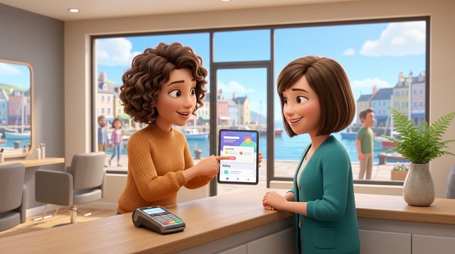 A hair salon owner at a bright reception desk shows a smiling client a tablet with a booking policy, an EFTPOS terminal and a fern on the counter