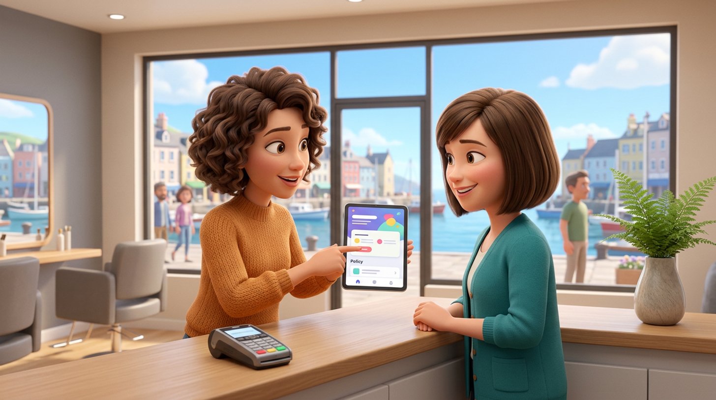 A hair salon owner at a bright reception desk shows a smiling client a tablet with a booking policy, an EFTPOS terminal and a fern on the counter